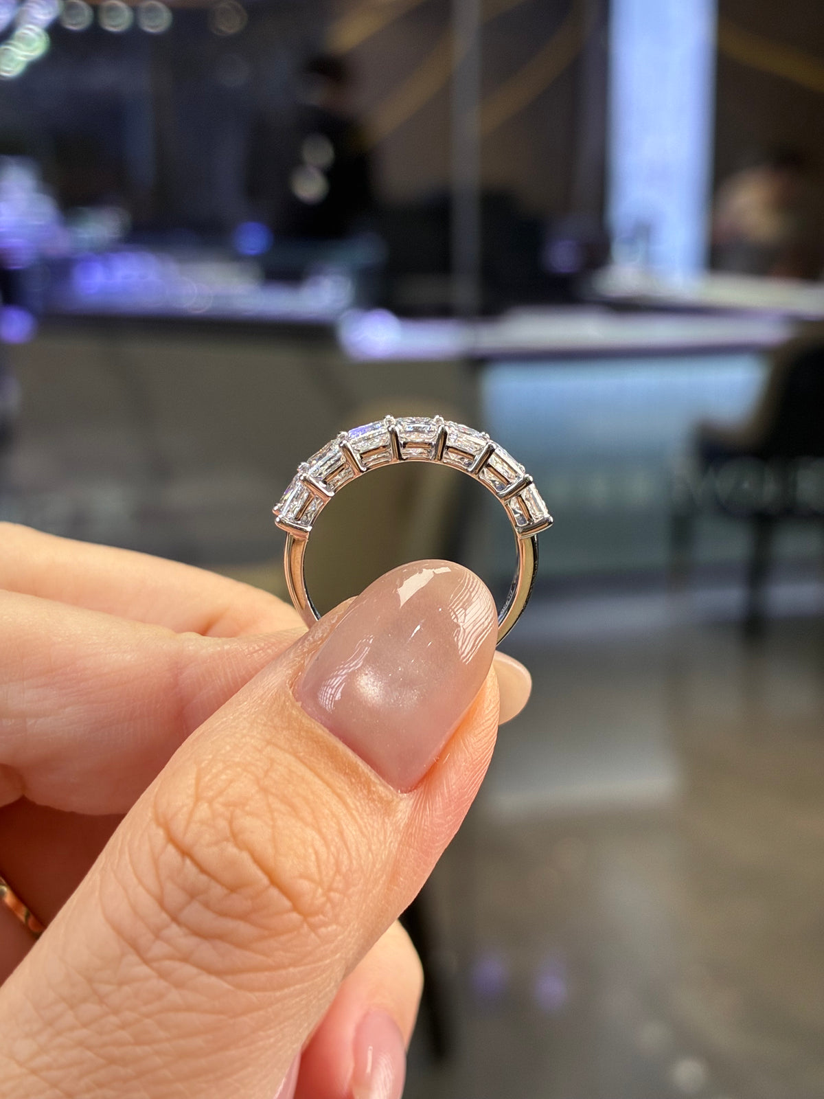 For Elizabeth, Cushion half eternity band, each stone 0.25ct, in 14k white gold
