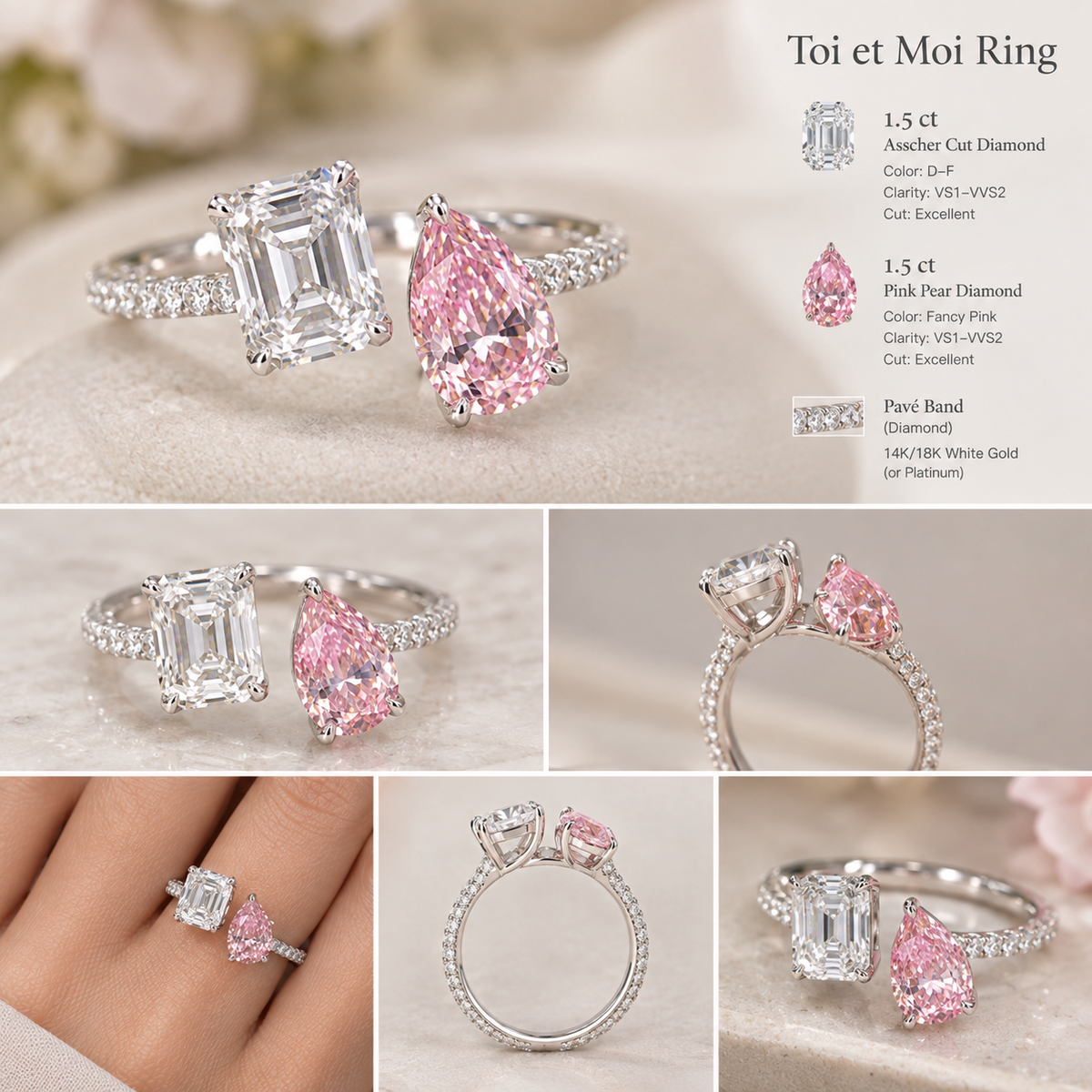 Deposit for spasian741 14k yellow gold, 1.5ct Ashoka diamond and 1.5ct pink pear dropped diamond, around 3g gold weight, size 5, free engraving