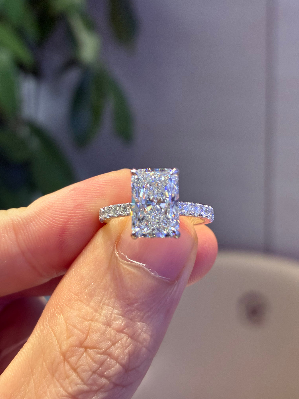 For KrissyRose 3.09 radiant W/VVS2 Pavé with 0.505 carats sidestones in 14k white gold