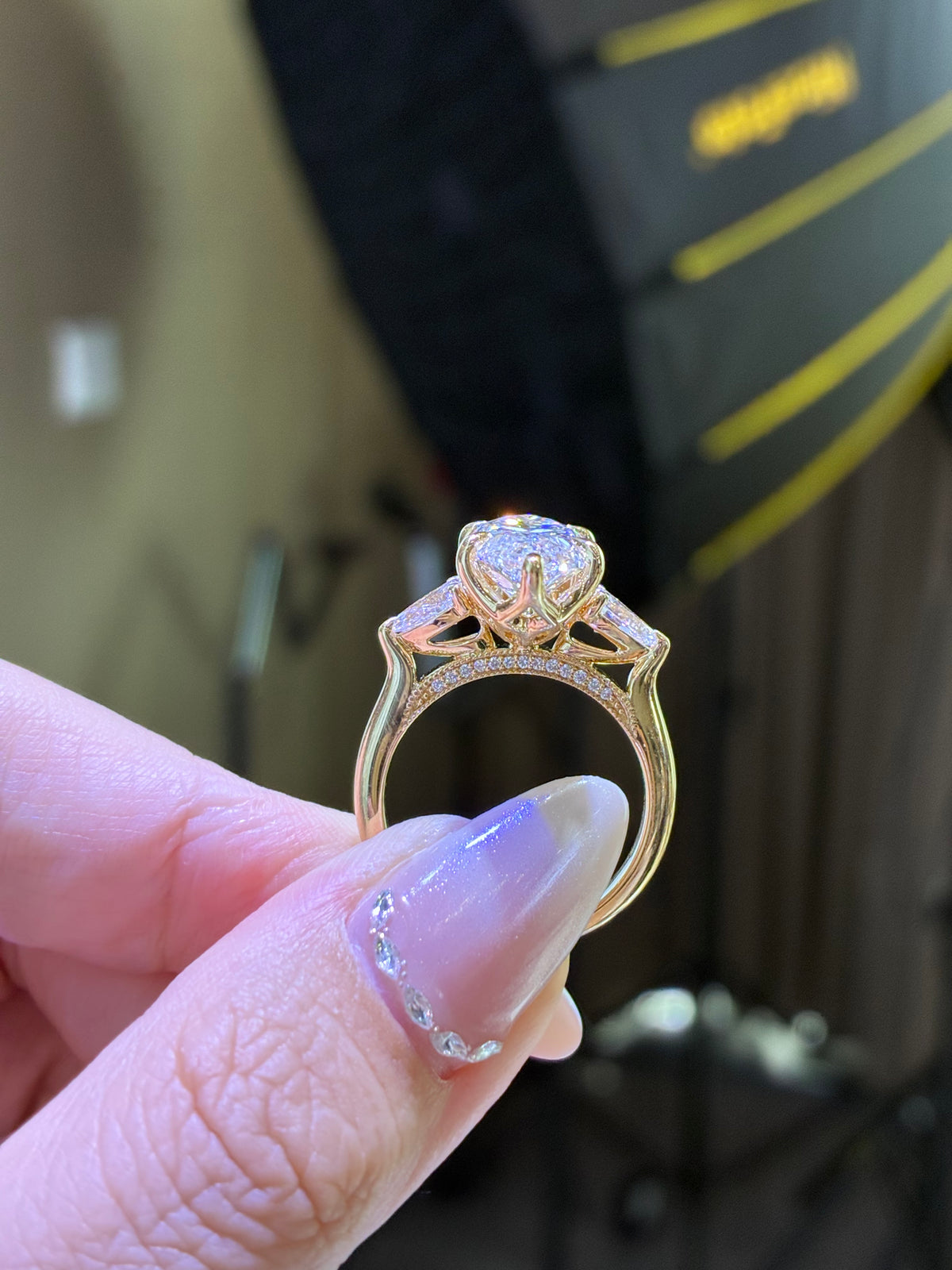 For Cloey, 5.8ct Marquise three stone lab Diamond Ring, E/VS1, 18k yellow gold