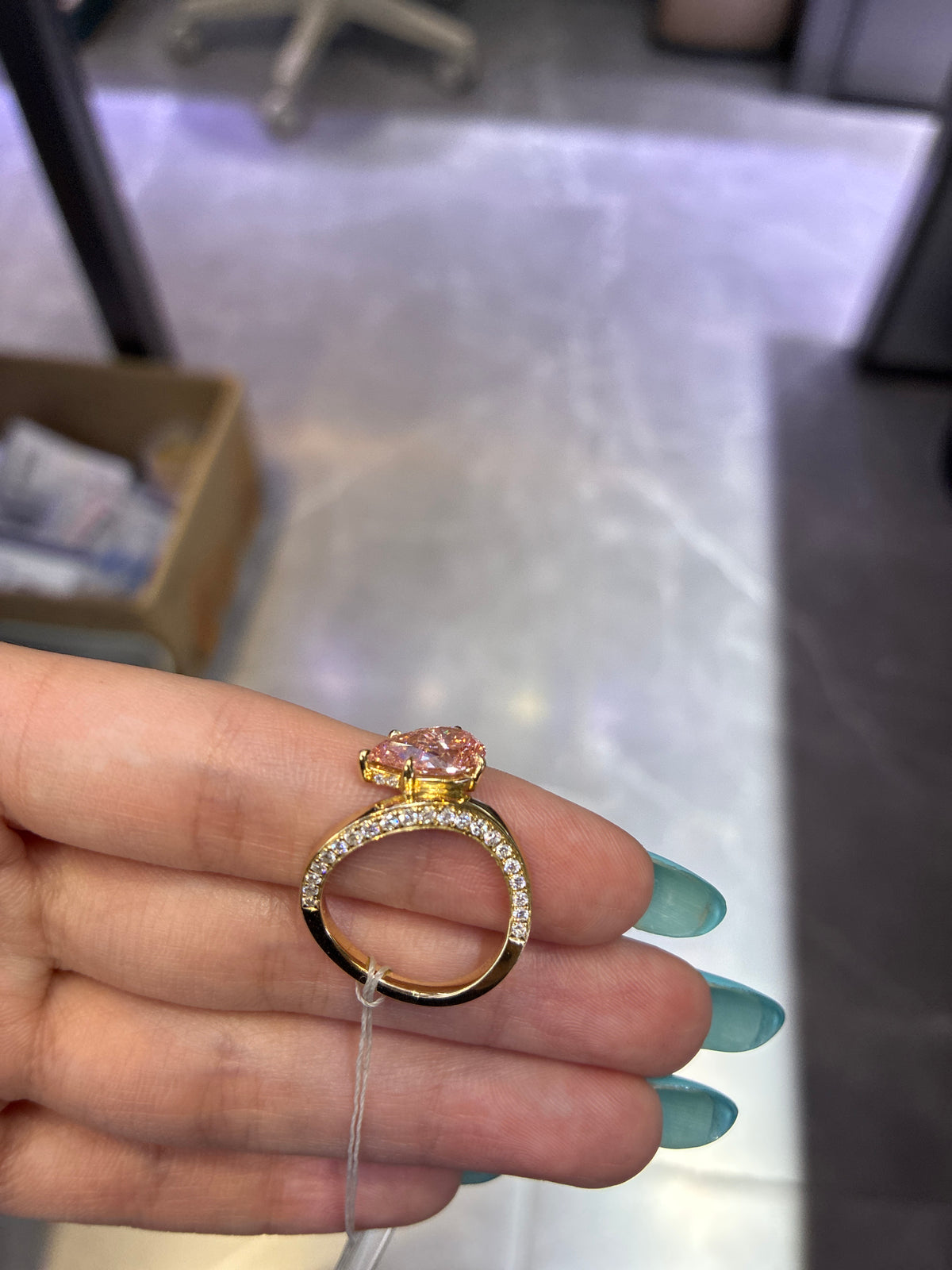 Deposit for User23086 14K yellow gold 2.05ct pinkpear with hidden halo, without channel side stones, thinner band.