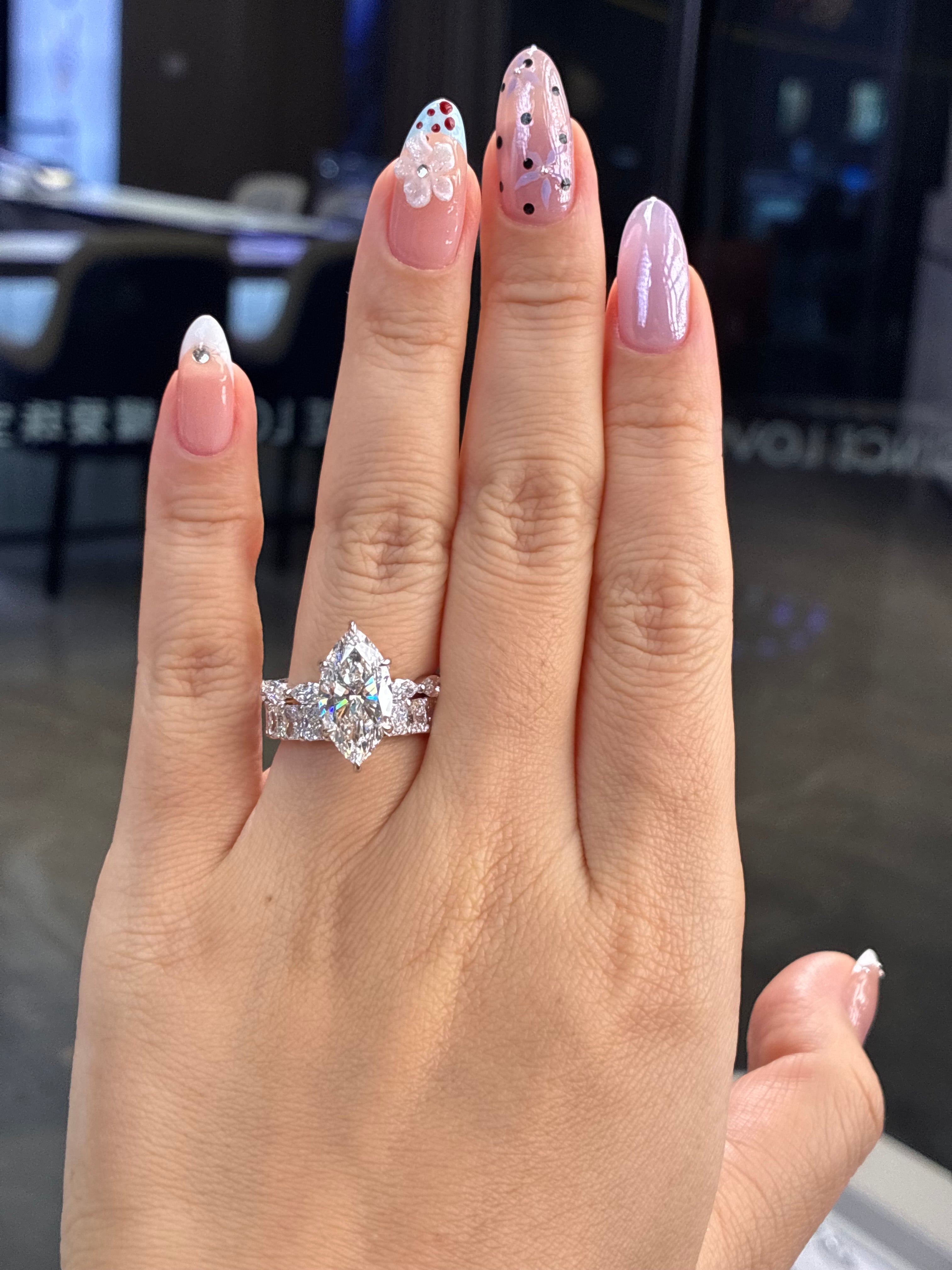 For .Cactus, 14K Solid White Gold Bridal set, Ready to ship 4ct marquise mainstone with 0.914ct sidestones, E/VVS2 engagement ring + Custom 5ct Radiant Full Eternity Band, DE/VS-VVS