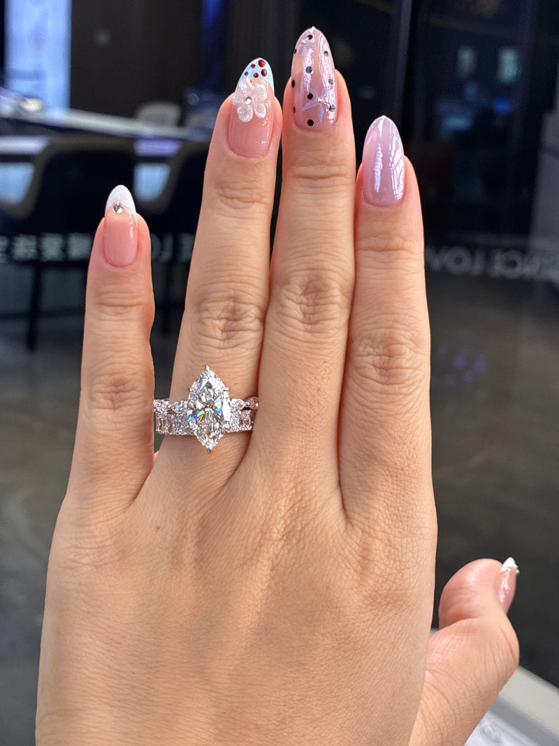 For .Cactus, 14K Solid White Gold Bridal set, Ready to ship 4ct marquise mainstone with 0.914ct sidestones, E/VVS2 engagement ring + Custom 5ct Radiant Full Eternity Band, DE/VS-VVS