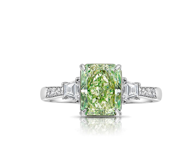 For ET, custom platinum setting three stone ring 2.52ct fancy vivid green radiant cut ring