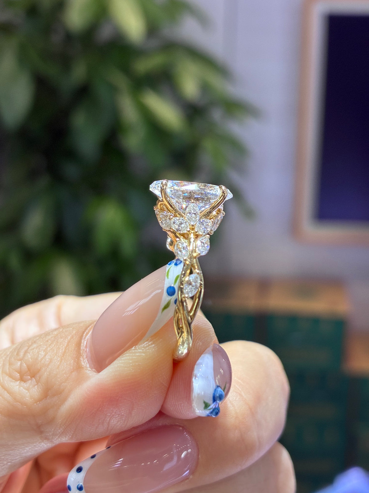 For Berry, 3.03 Oval Lab Diamond with 1.08ct marquis sidestones, D/VS1, 14k yellow gold