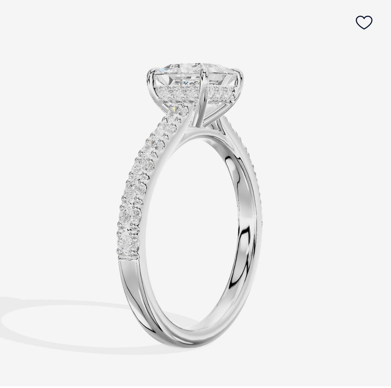 Stone setting service for Christie’s 14K white gold ring setting with 0.50 ct. total weight of side stones, designed to fit a 1.47 ct. princess-cut center stone measuring 6.23 × 6.16 × 4.51 mm.