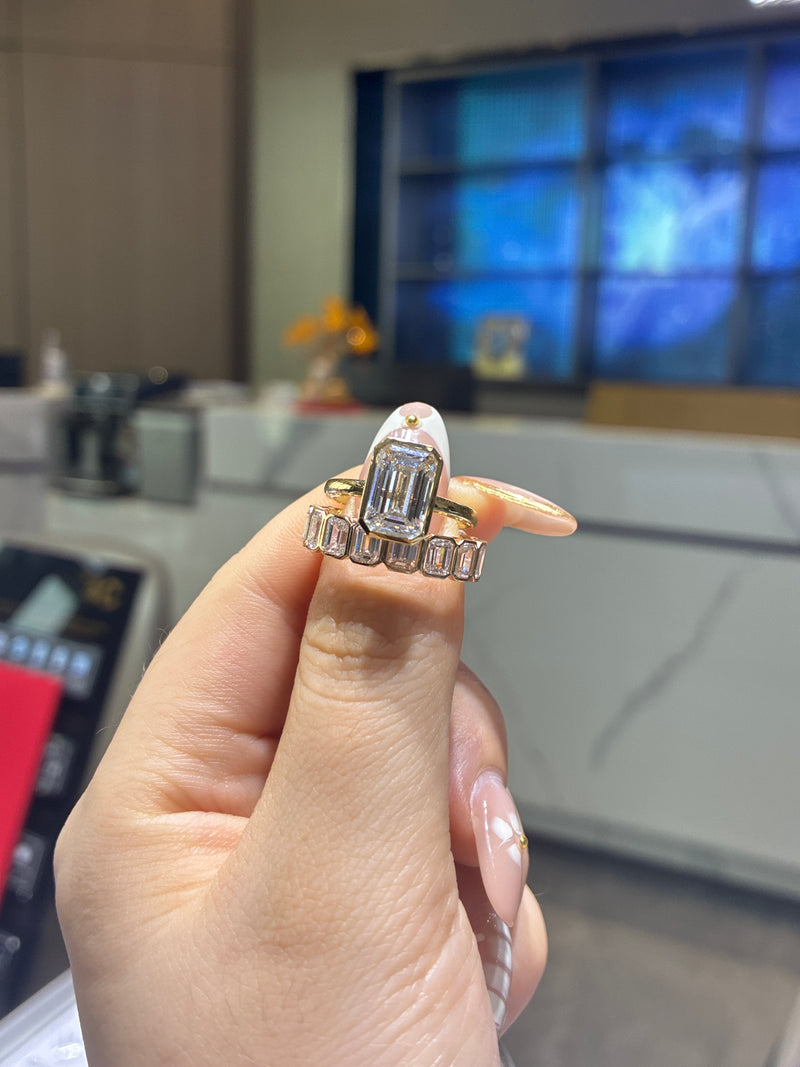 For Beth 14k yellow gold a set (bezel emerald cut band and 3.06ct bezel emerald cut)