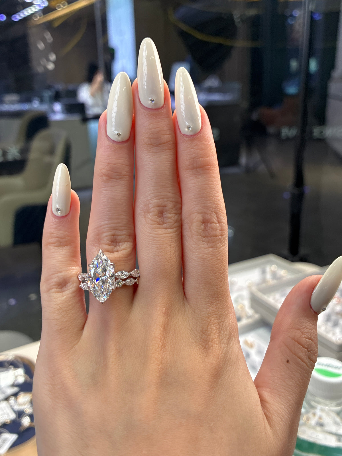 Deposit for DirtDiamondz,          •14k solid yellow gold 4carat marquise E/VVS2, with 0.914ct marquise bubble band and hidden halo(prong in white gold)                   •14k solid yellow gold marquise&round mixed bubble wedding band 0.54ct (IGI&GIL)