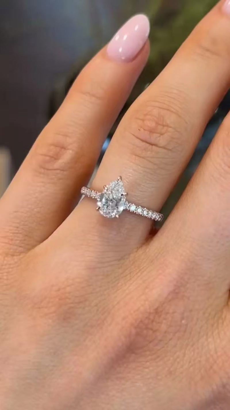 50% retainer for Cecillia Vang: Pear Cut High Setting Pavé Band Solitaire Wedding Ring//14K solid white gold//1ct Pear cut center stone//E/VS1