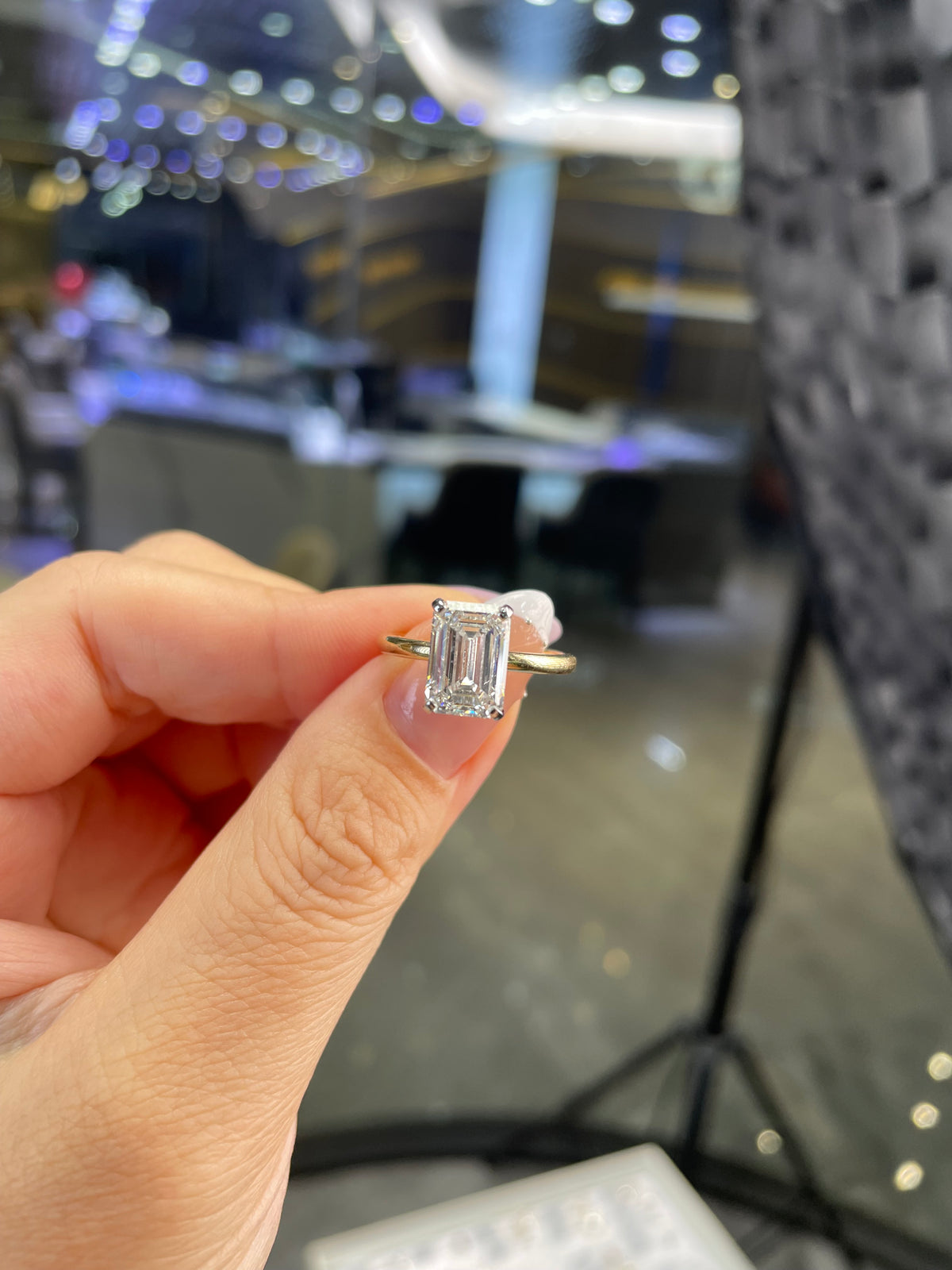For Dr, 3.11ct Emerald Cut Solitaire  Engagement Ring with Hidden halo, in 14k Yellow gold, E/VVS2