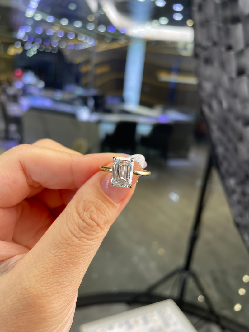 For Dr, 3.11ct Emerald Cut Solitaire  Engagement Ring with Hidden halo, in 14k Yellow gold, E/VVS2