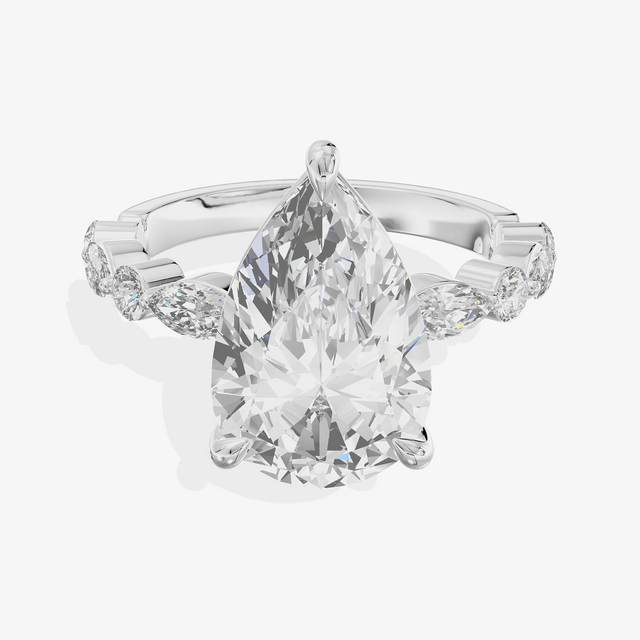 14K White Gold 2.88 Carat Pear Shape Lab-Grown Diamond E VVS2 Ring with Marquise & Round Accents