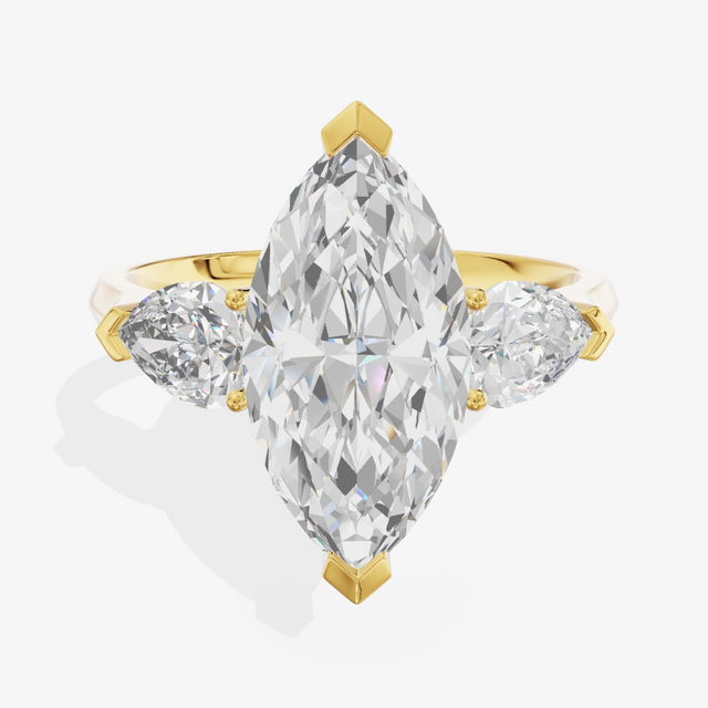 14K Yellow Gold 2.01 Carat Marquise Cut Lab-Grown Diamond E VS1 Three-Stone Ring with Pear Side Stones