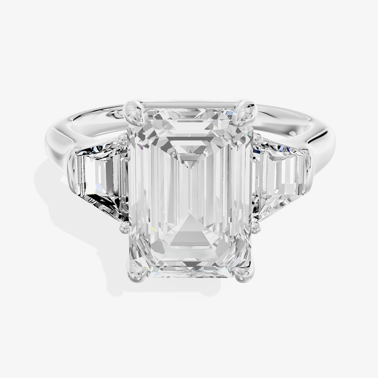 18K White Gold 5.02 Carat Emerald Cut Lab-Grown Diamond E VVS2 Three-Stone Ring with Baguette Side Stones