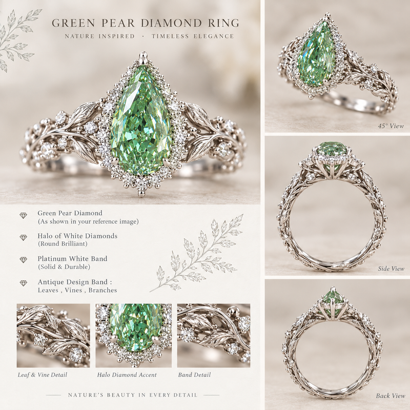 Deposit for DTS, 3.14 ct green pear diamond ring ,platinum white band ,the halo of white diamonds to accent, antique design band : Leaves , vines, branches