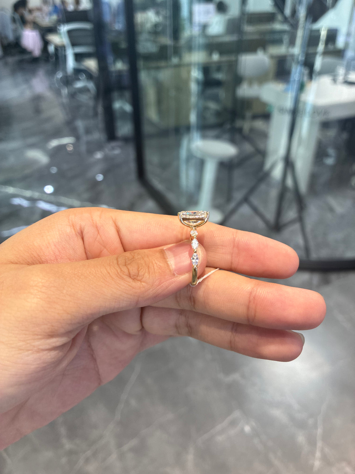 For N 14k yellow gold ring with 5ct radiant diamond