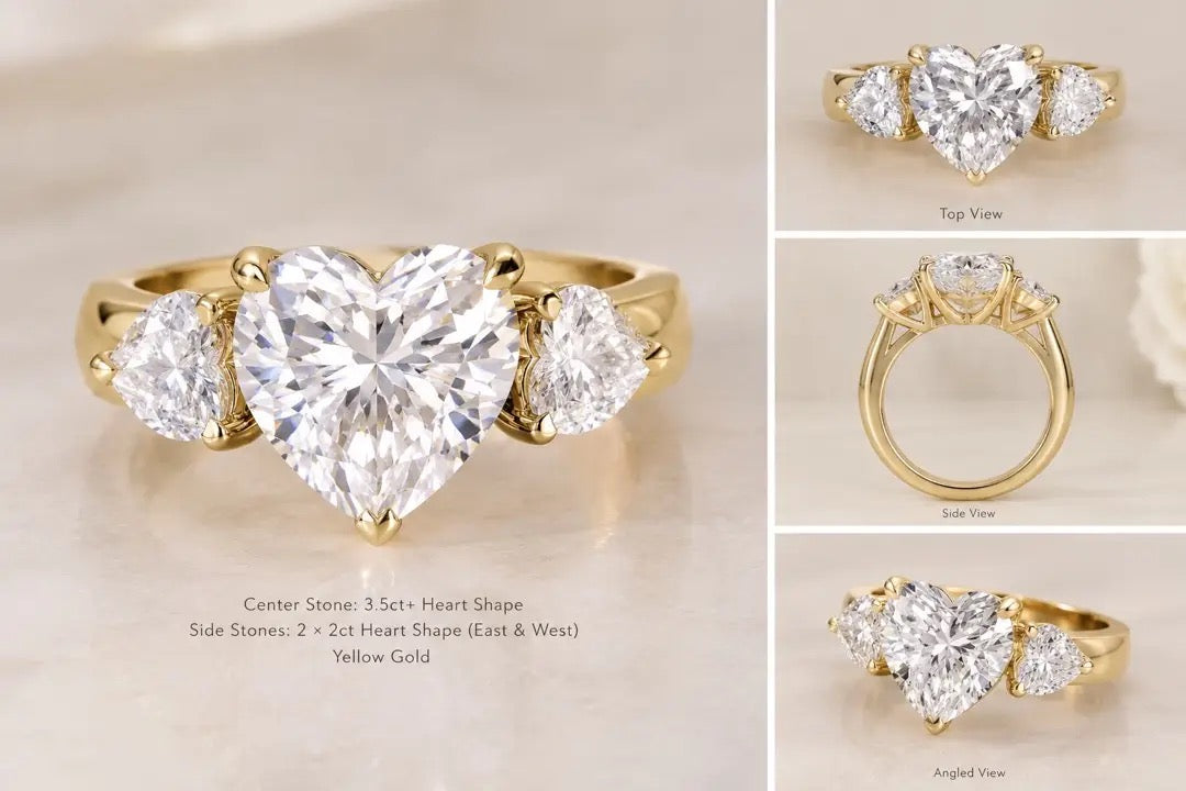 Deposit for cinnamon, Heart-Shaped Cut Trilogy Engagement Ring
14K Solid yellow gold (2.75mm)
3.500ct Heart-Shaped cut diamond center stone 
E/VS1
2 Heart-Shaped cut diamonds for total 2ct
E/VS1
US Size 5.5