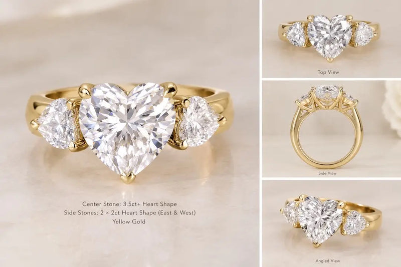 Deposit for cinnamon, Heart-Shaped Cut Trilogy Engagement Ring
14K Solid yellow gold (2.75mm)
3.500ct Heart-Shaped cut diamond center stone 
E/VS1
2 Heart-Shaped cut diamonds for total 2ct
E/VS1
US Size 5.5