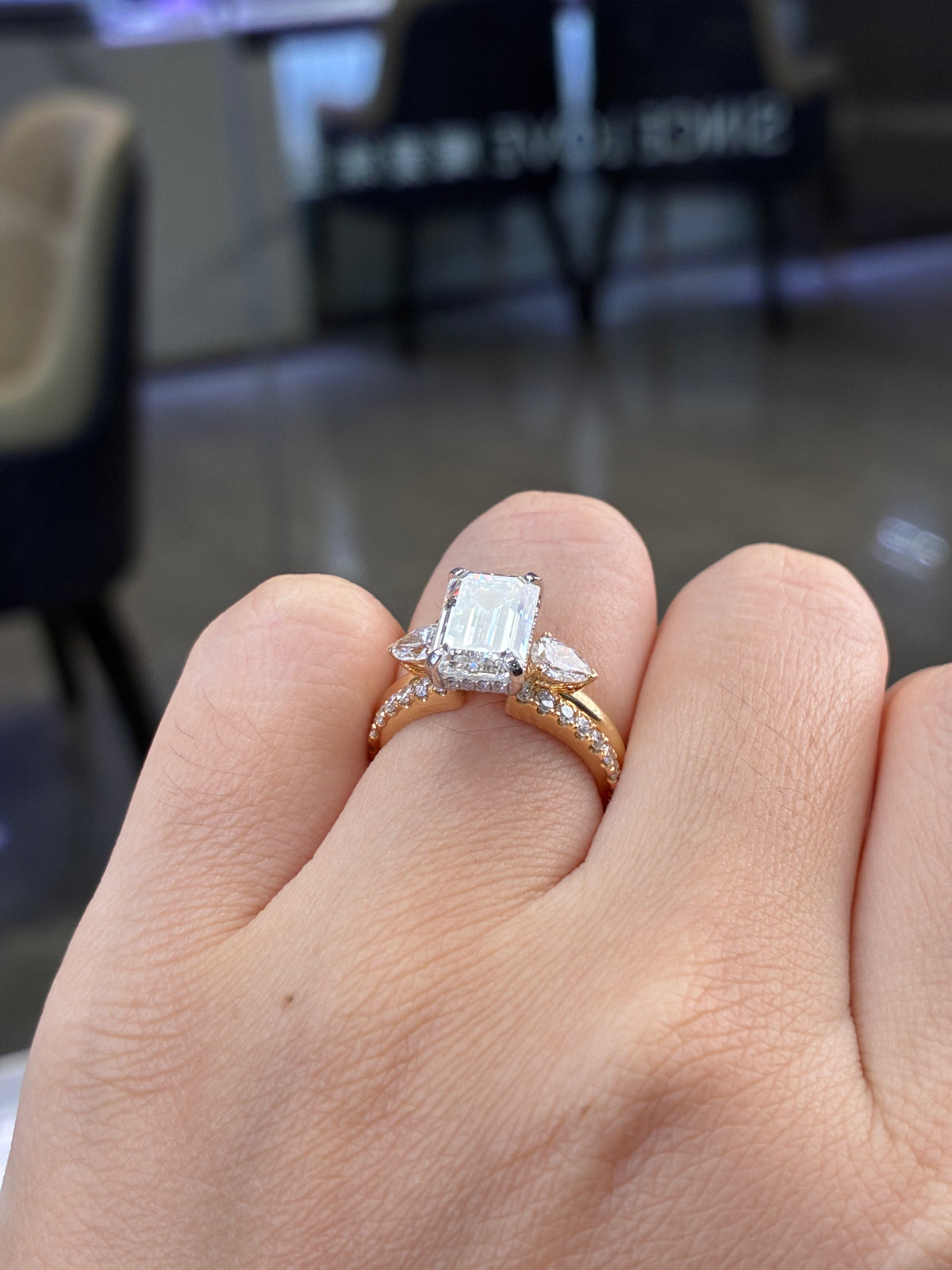 For Baylea, deposit for Bridal set, 3ct Emerald solitaire with hidden halo , E/VVS2+ 0.68ct Open wedding band in 14K rose gold