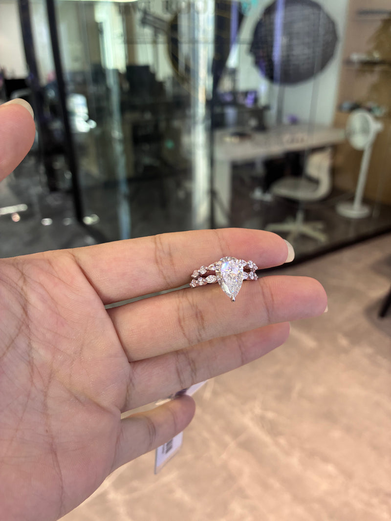 For Grandmother of 7  ready to ship 14k white gold band with 0.540ct diamonds And 14k white pear cut 3ct E vvs2 diamond ring