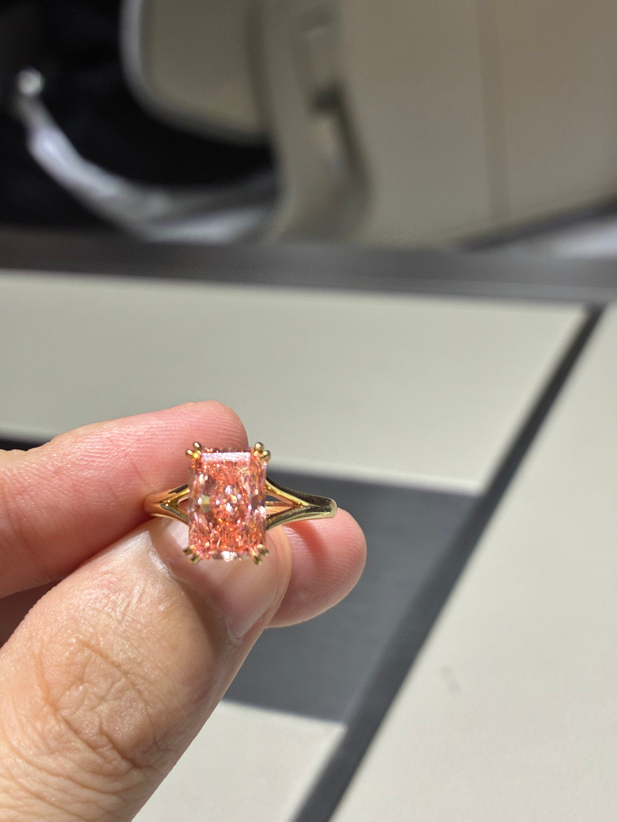 for Doreen Nevarez-Loredo （18k yellow gold 3.02ct pink Radiant cut ring
