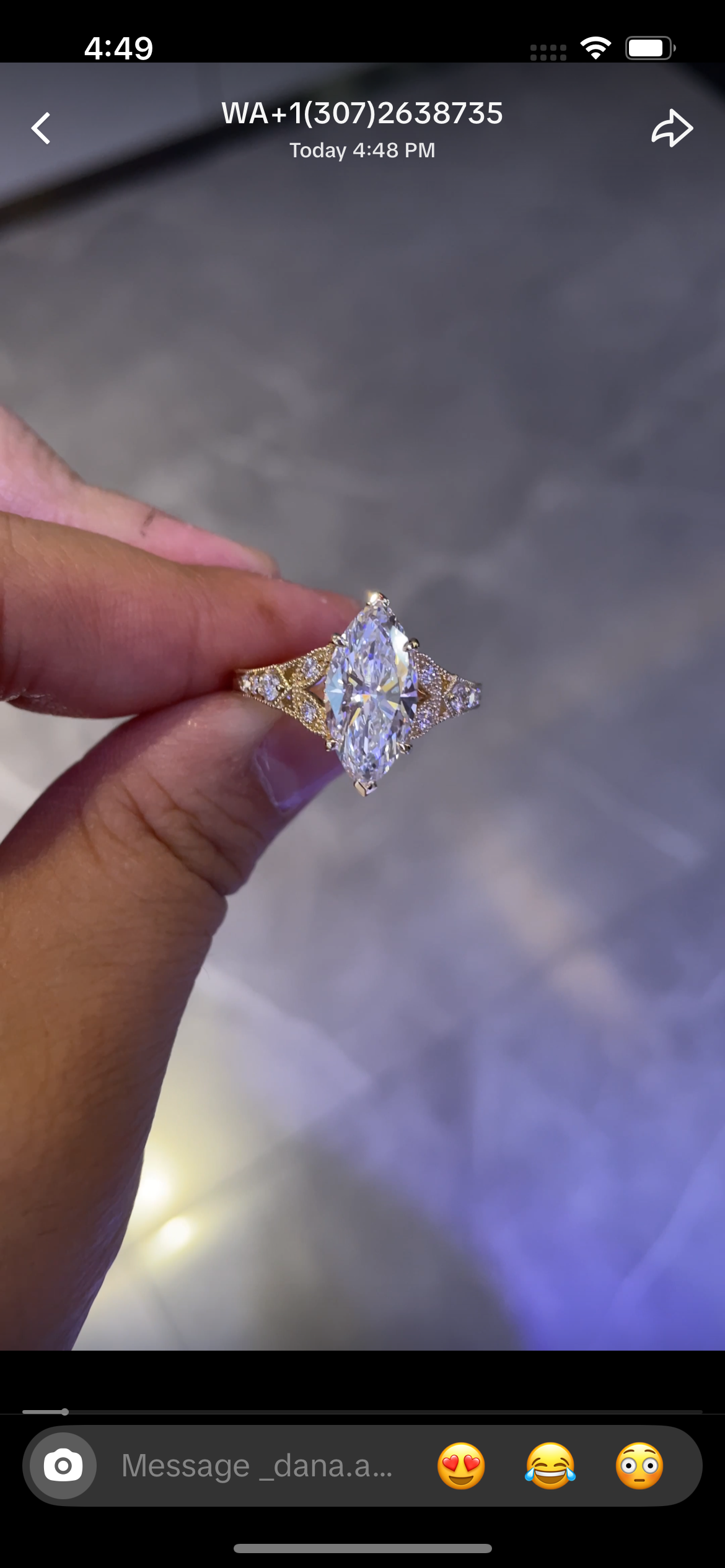 Remaining balance for Dana 14k yellow gold, 3ct marquise main stone,
0.3ct side stone, E/VS1, size 10
