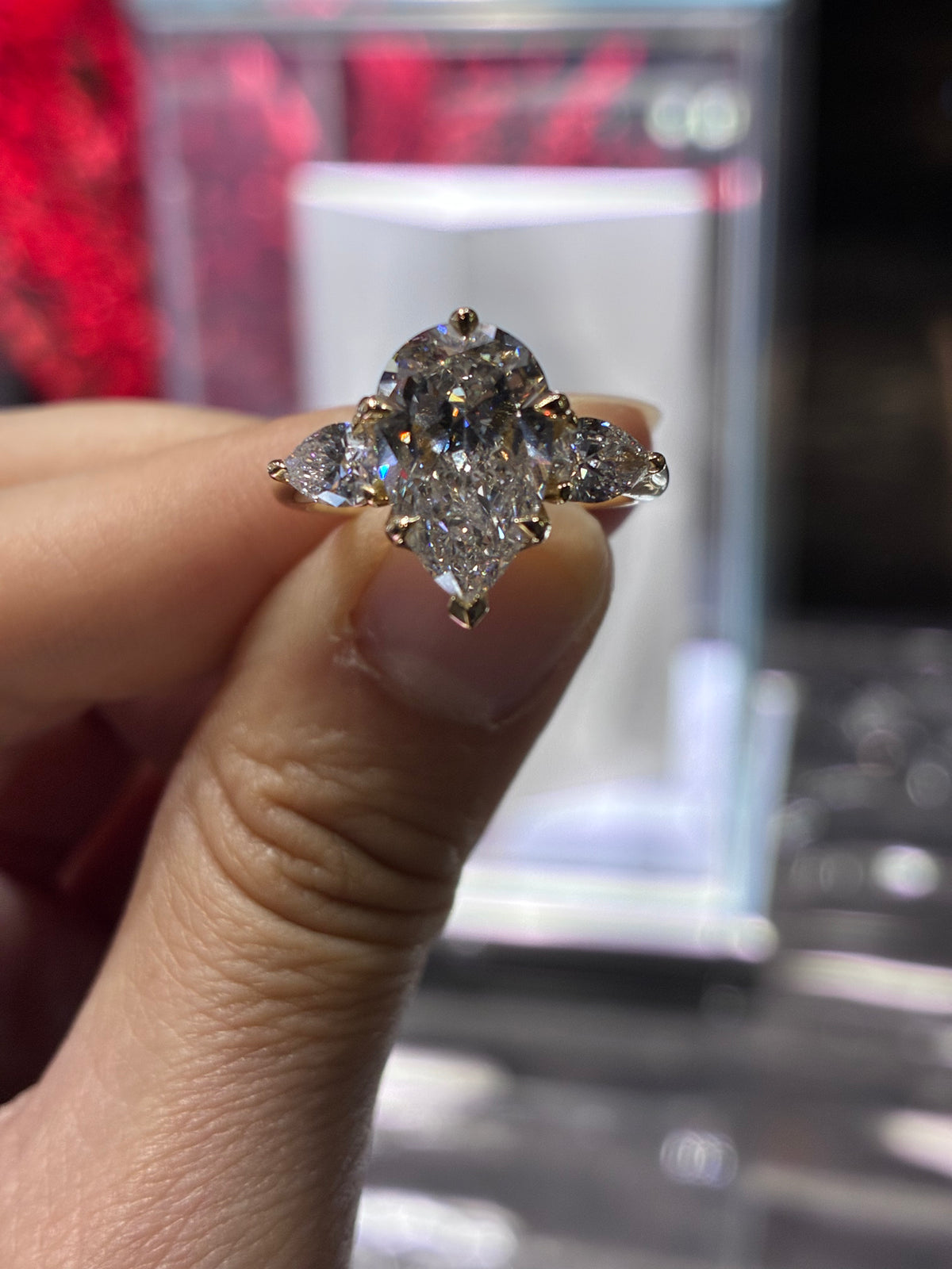 For HONEYYB, deposit (14K gold pear cut, 3.03ct center stone, 0.741ct pavé side stones, E color, VS1 clarity )
