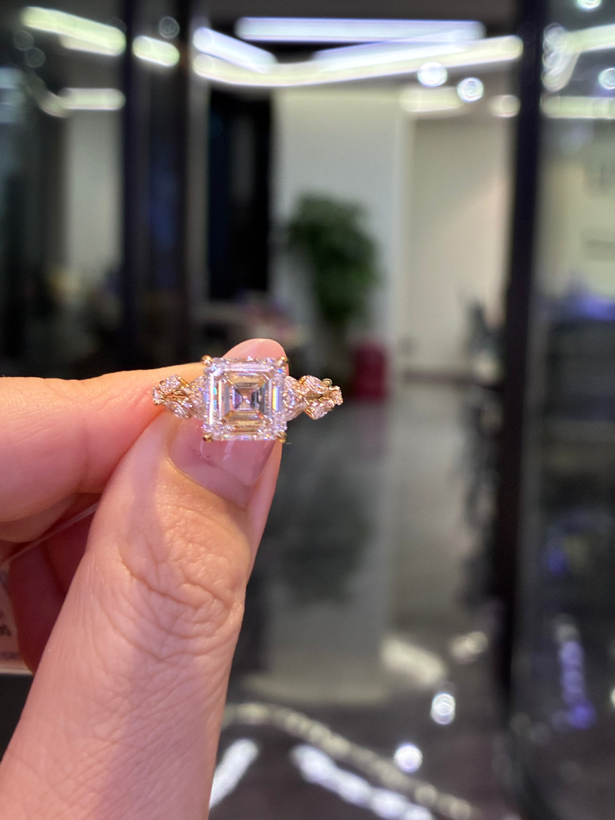 For Shayron, 3.56ct Asscher cut with 1.022ct sidestones, E/VVS2, in 14K yellow gold  (ready to ship)