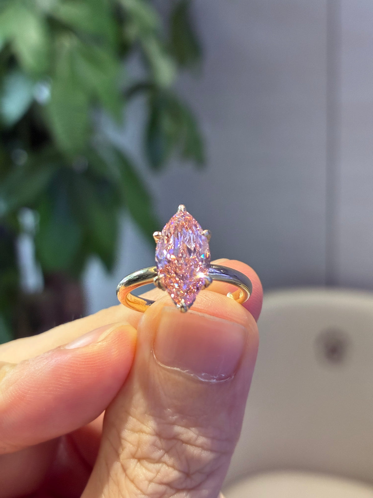 For Zaynah Pink Marquis 2.81 carats with 0.165 carats side halo diamonds in 14k solid yellow gold