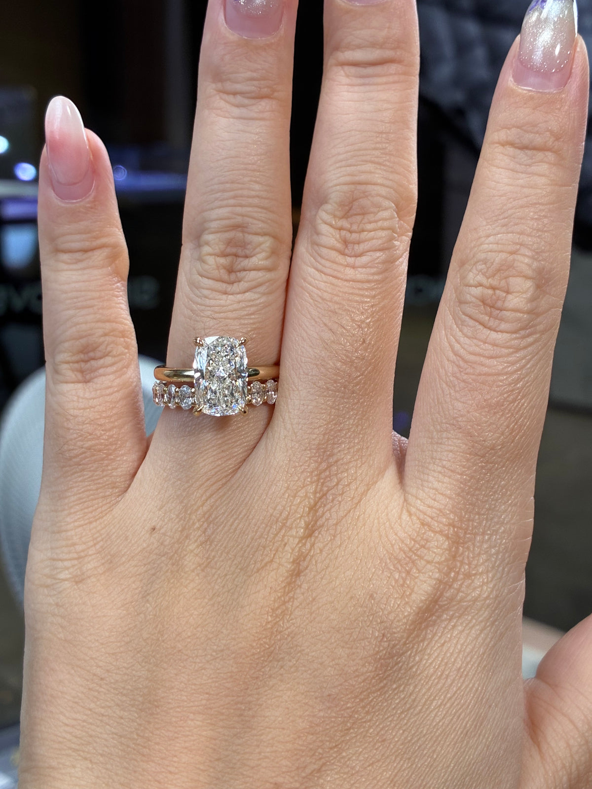 For melmekisses, 14K Solid Yellow gold Bridal set, 4ct elongated cushion engagement ring with hidden halo, E/VVS2 + 1.83ct Oval eternity band , DE/VS-VVS