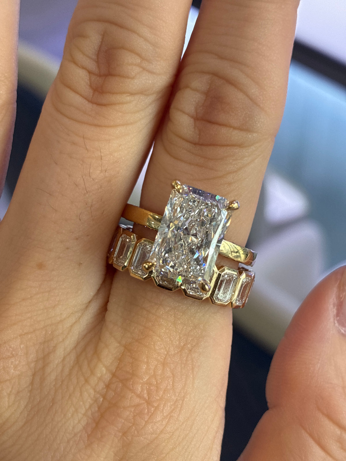 5ct radiant with Emerald bezel band ,14k solid gold, IGI Certified, size 12.5 $5611