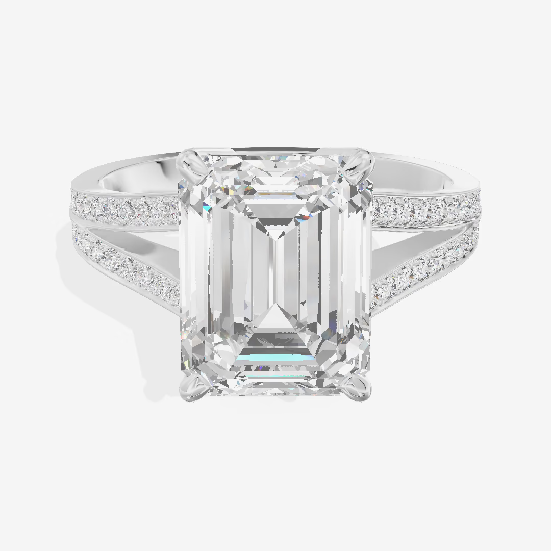 Cathedral Solitaire Split Shank Emerald Engagement Ring (5.18 ct. tw.) in 18K White Gold