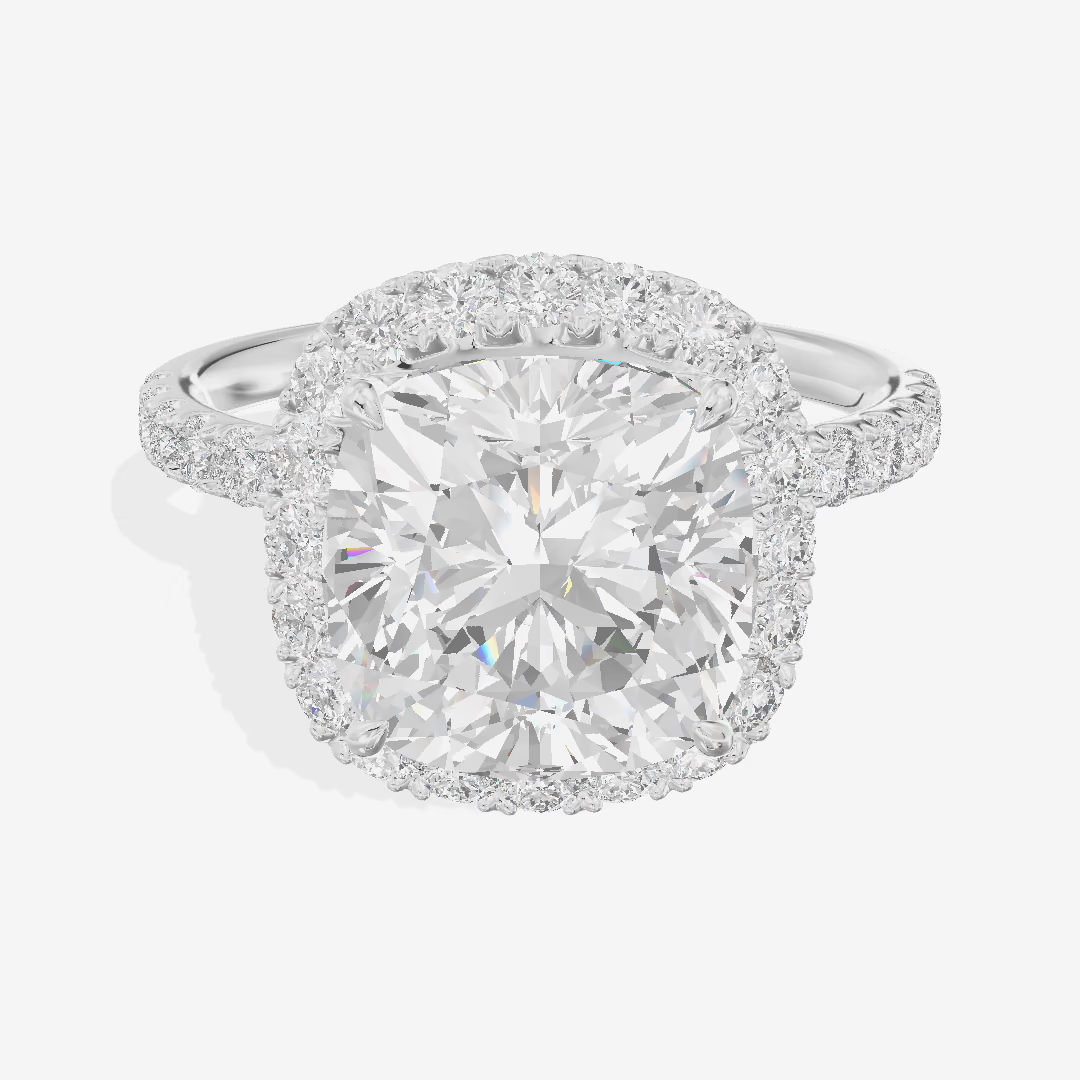 Halo Pavé Cushion Engagement Ring (3.28 ct. tw.) in 18K White Gold