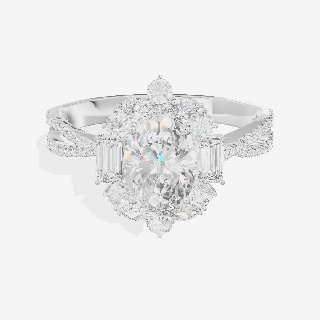 Floral Halo Twist Oval Engagement Ring (1.08 ct. tw.) in 18K White Gold