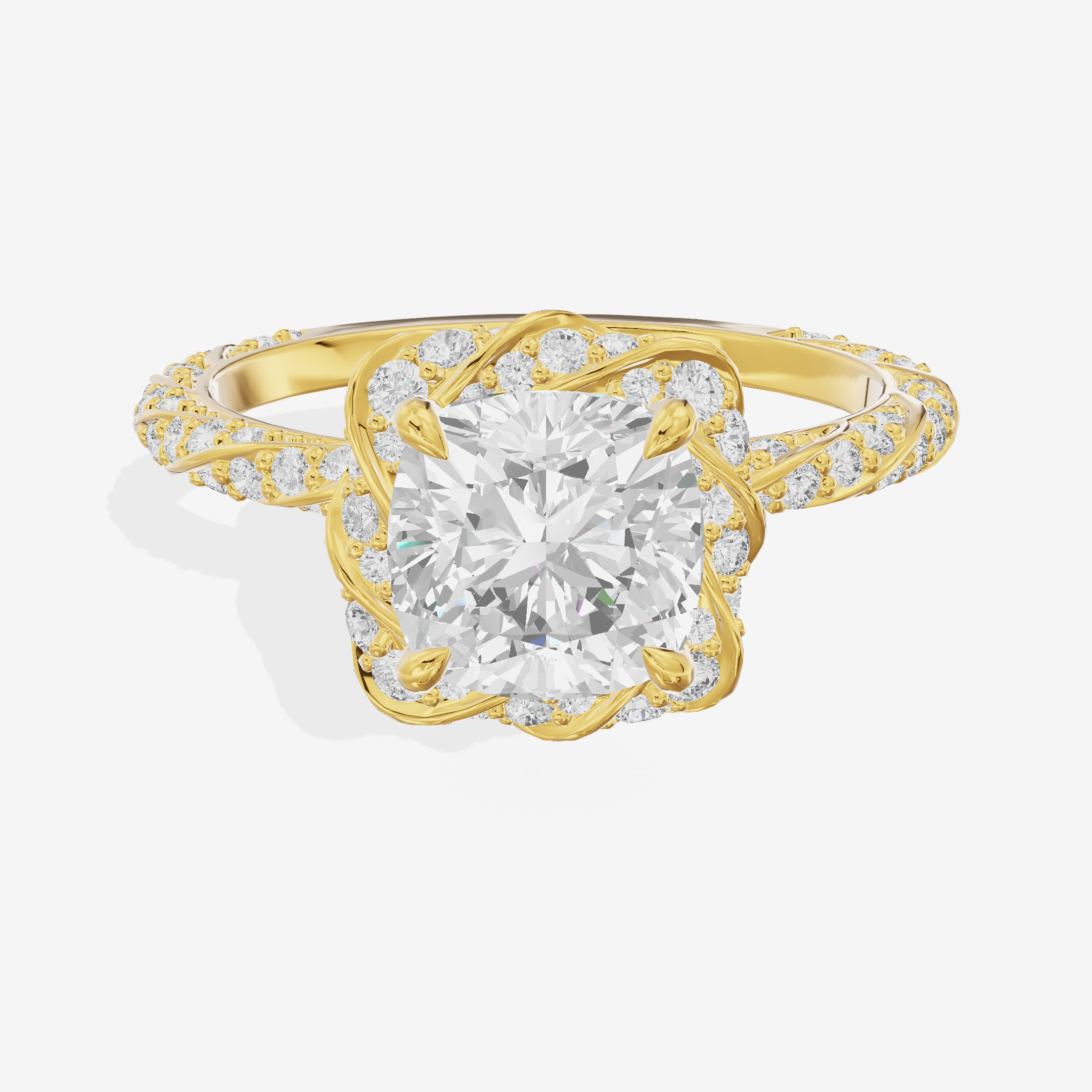 Grand Aimora Cushion Engagement Ring with Hidden Halos (1/20 ct. tw.) in 18K Yellow Gold
