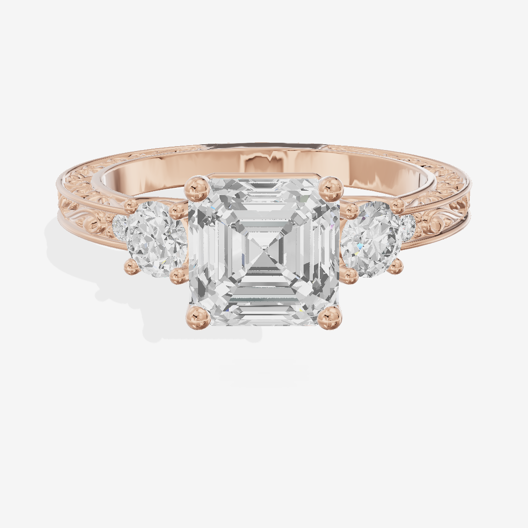 Triade Engraved Asscher Three Stone Engagement Ring (1/3 ct. tw.) in 18K Rose Gold