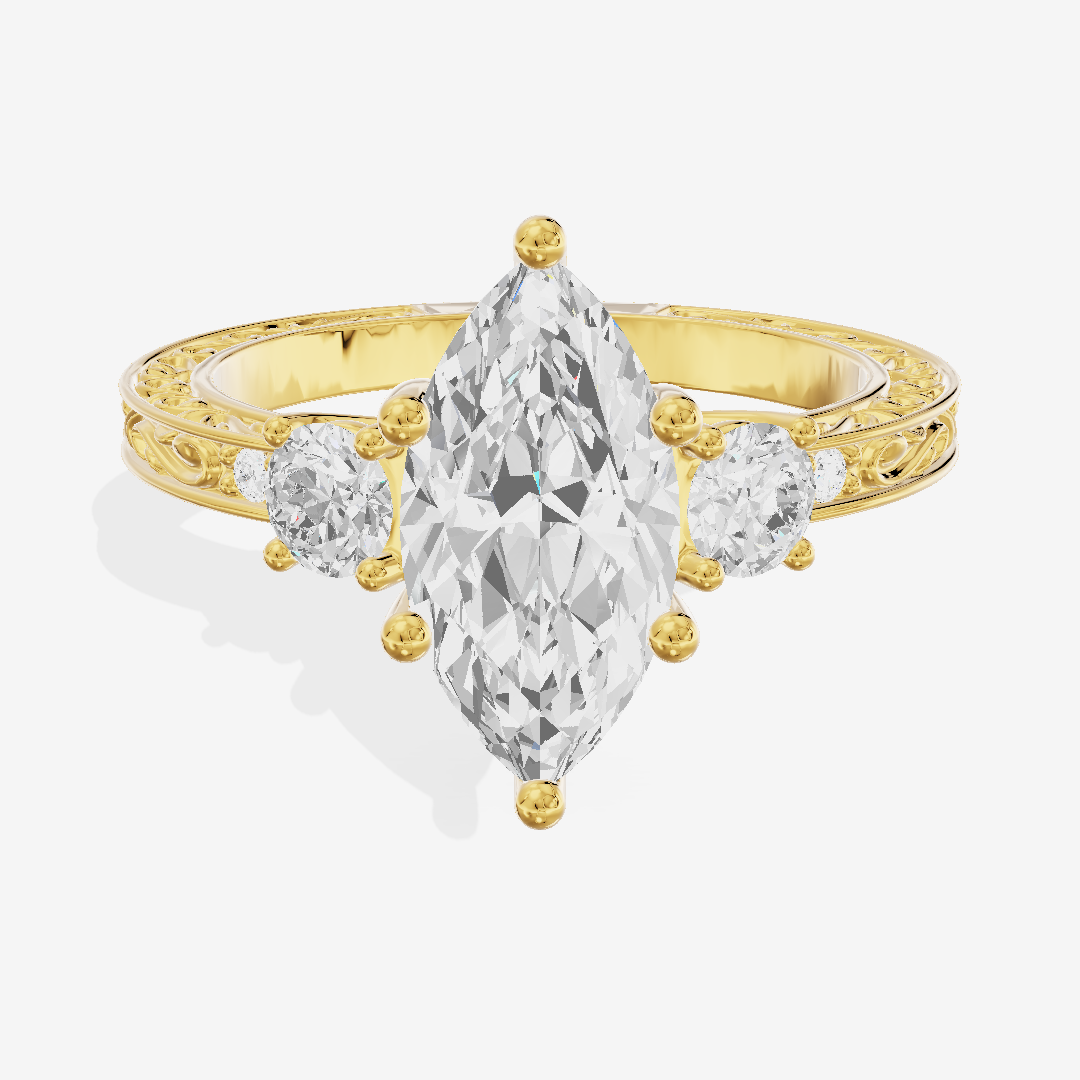 Triade Engraved Marquise Three Stone Engagement Ring (1/3 ct. tw.) in 14K Yellow Gold