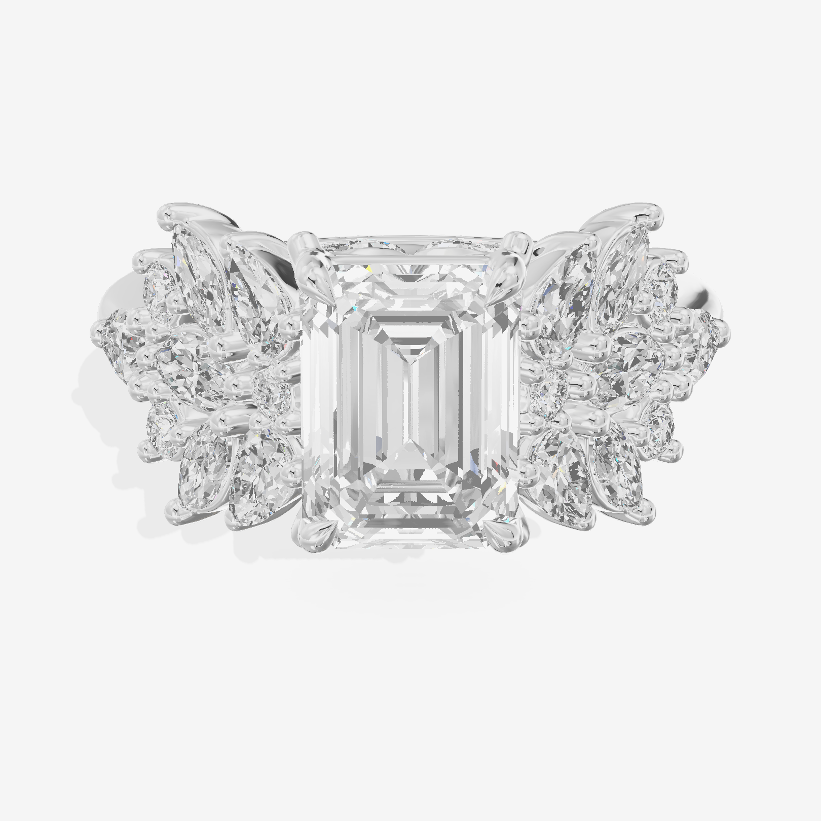 Crowned Heartline Emerald Engagement Ring with Side Stones (1/10 ct. tw.) in Platinum
