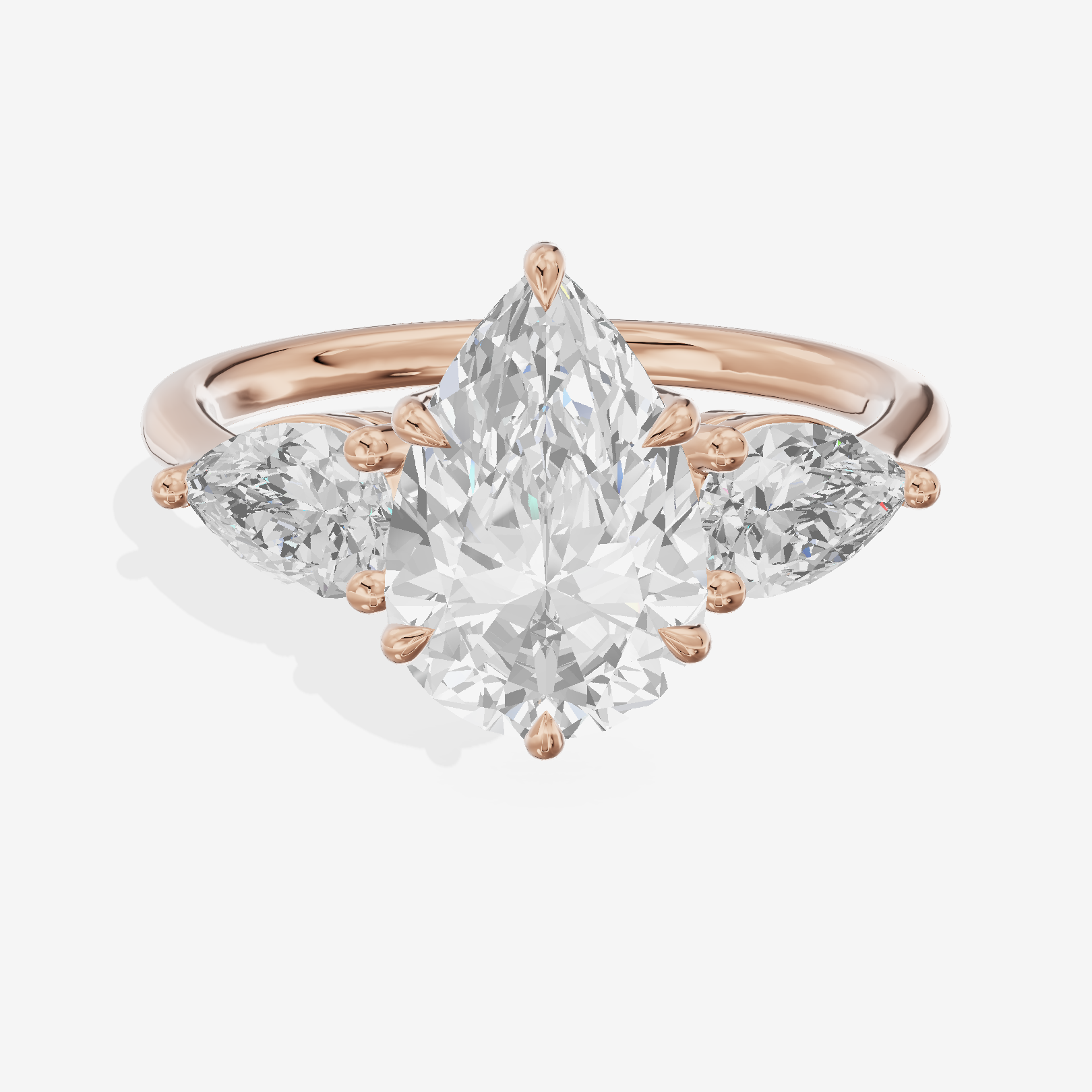 Luxe Adorae Three Stone Pear Engagement Ring (3/4 ct. tw.) in 18K Rose Gold
