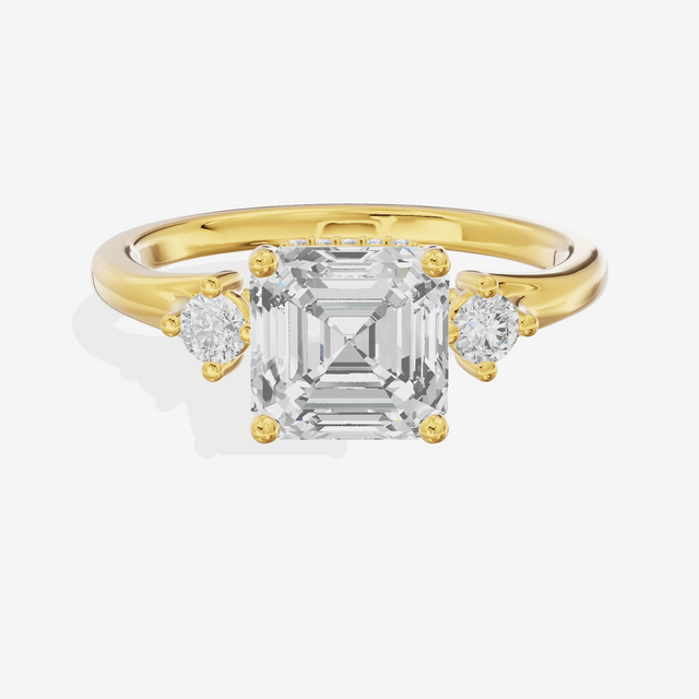 Sincere Three Stone Asscher Engagement Ring (1/6 ct. tw.) in 18K Yellow Gold