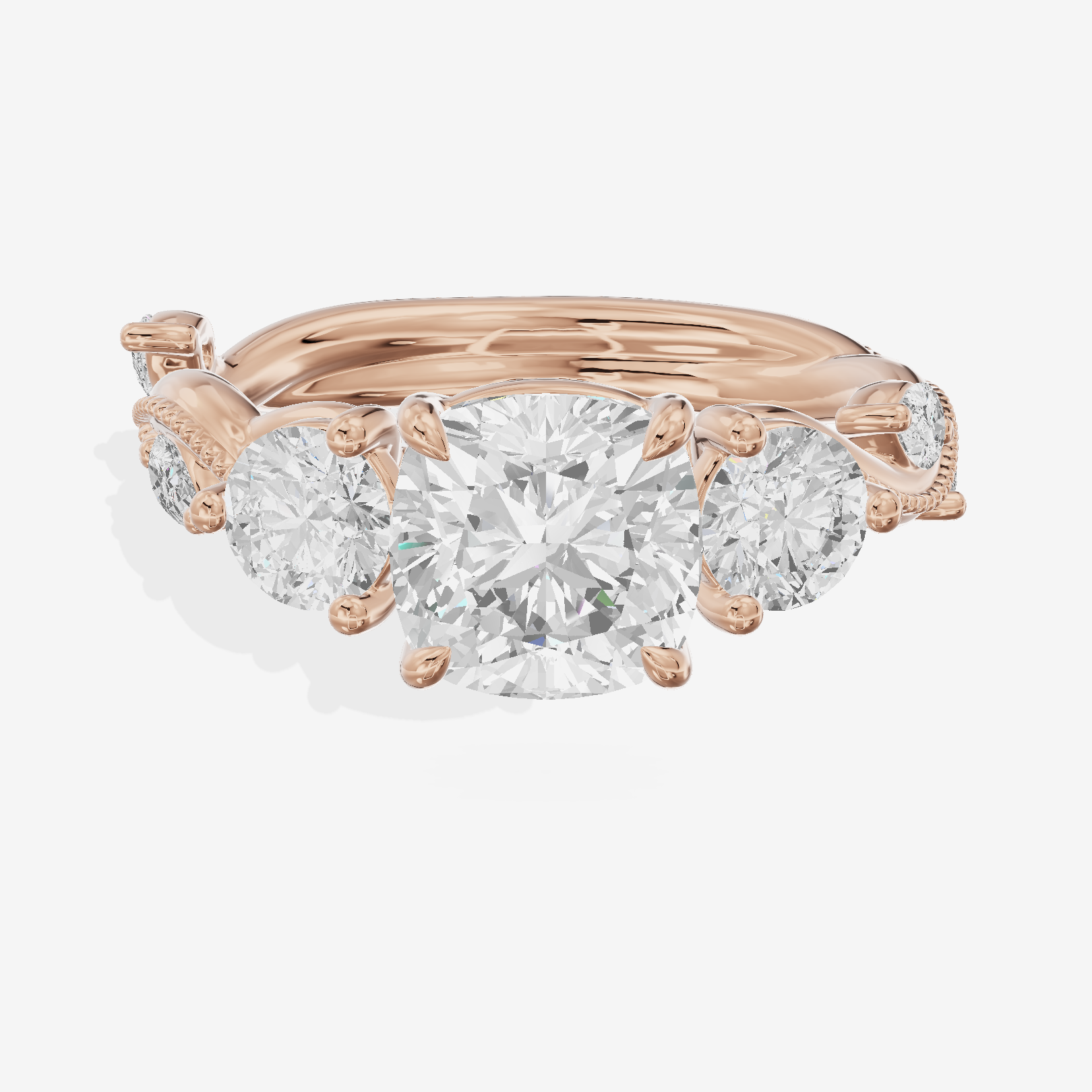 Vintage Belovae Cushion Three Stone Engagement Ring (3/5 ct. tw.) in 18K Rose Gold