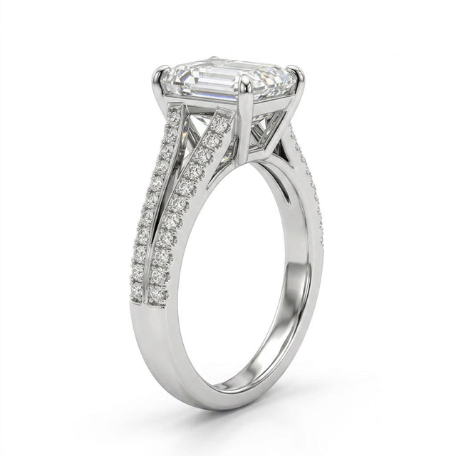 Cathedral Solitaire Split Shank Emerald Engagement Ring (3.1 ct. tw.) in 18K White Gold