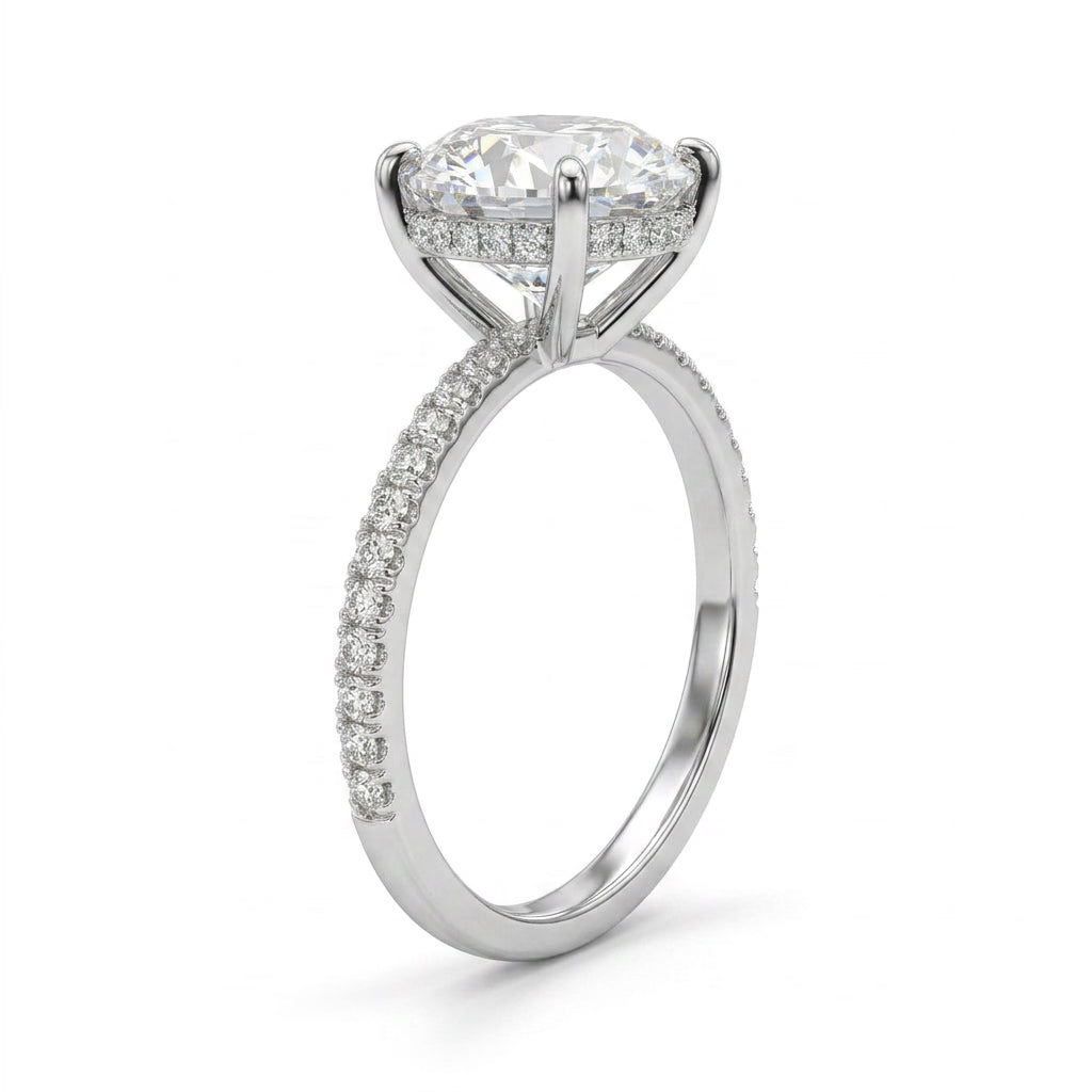 Tall Cathedral Hidden Halo Pavé Round Engagement Ring (2.09 ct. tw.) in 18K White Gold