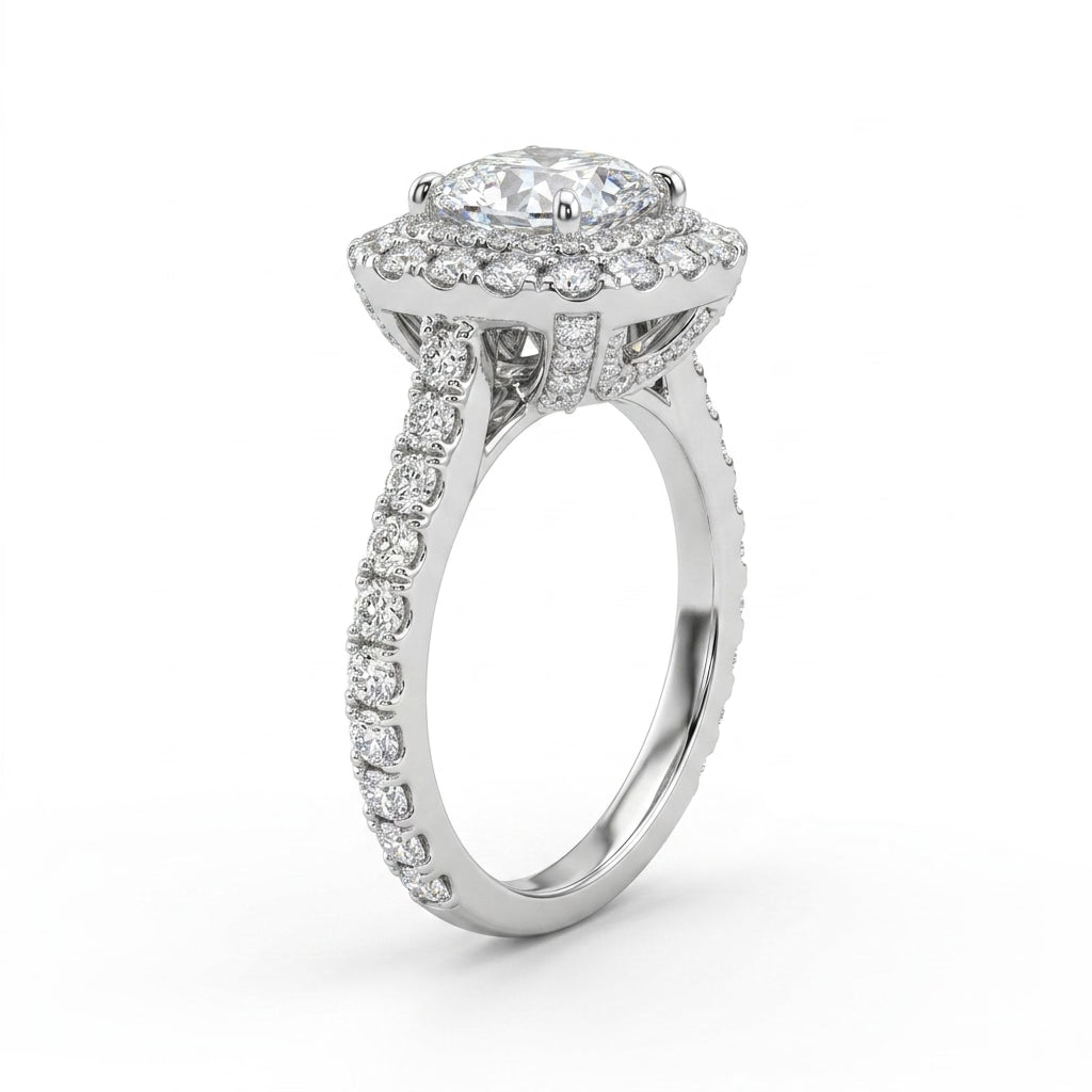 Cathedral Halo Pavé Cushion Engagement Ring (3.01 ct. tw.) in 18K White Gold