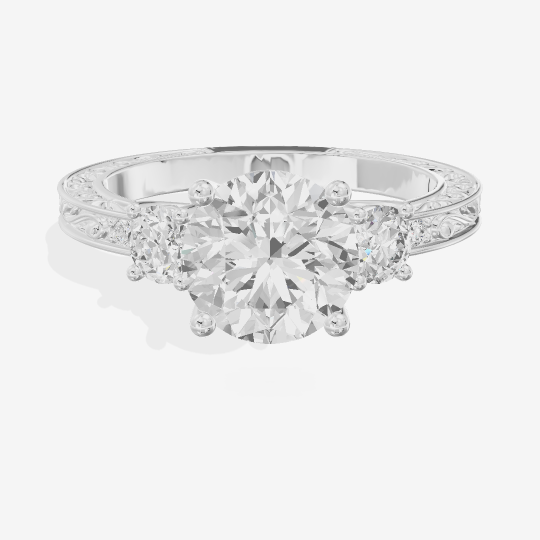 Triade Engraved Round Three Stone Engagement Ring (1/3 ct. tw.) in 14K White Gold