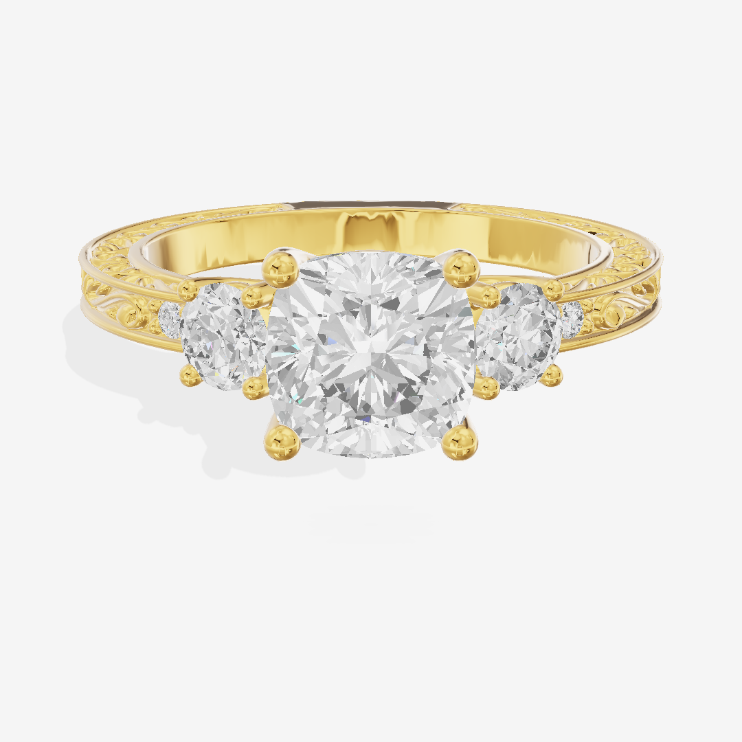 Triade Engraved Cushion Three Stone Engagement Ring (1/3 ct. tw.) in 14K Yellow Gold