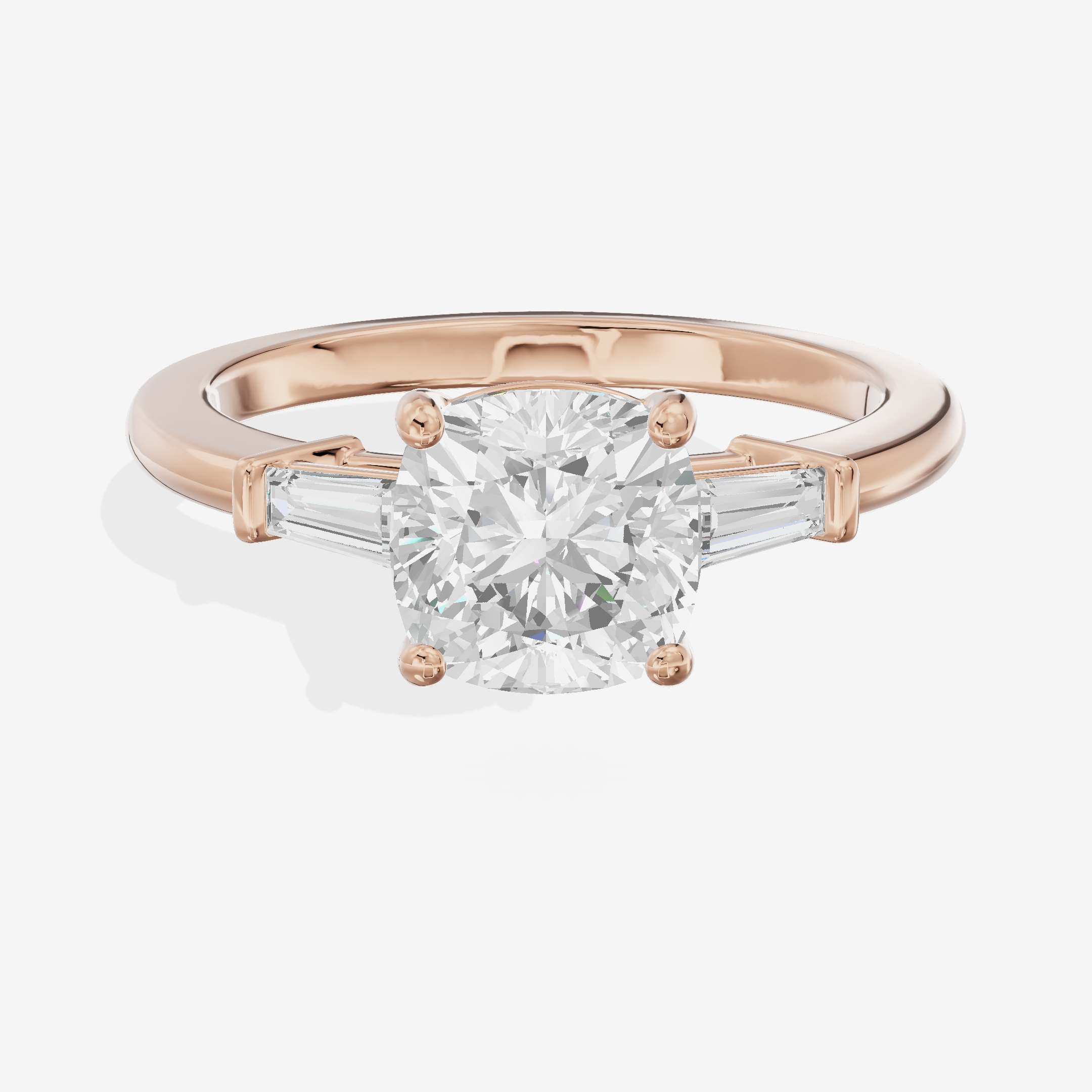 Luxe Halcyon Three Stone Cushion Engagement Ring (3/4 ct. tw.) in 14K Rose Gold