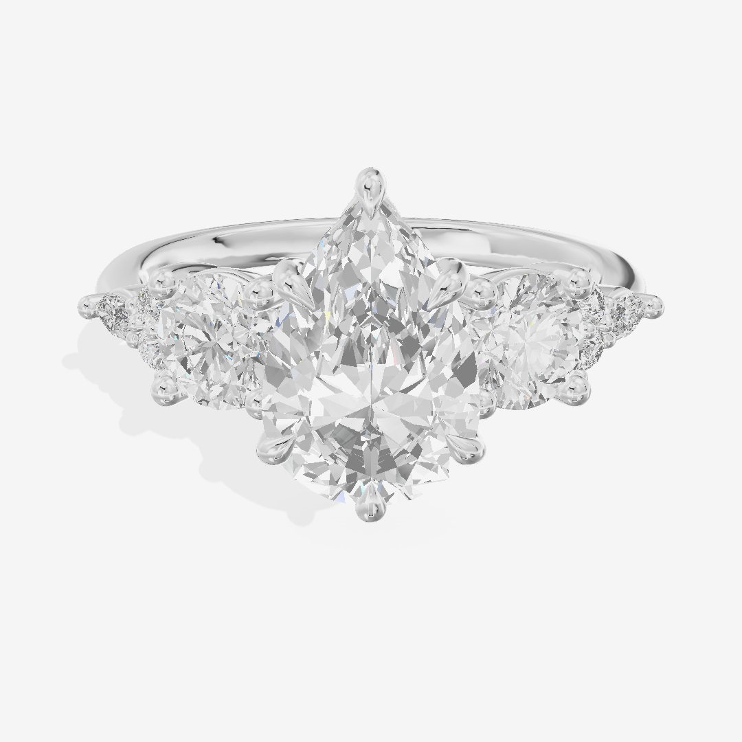 Luxe Halcyon Three Stone Pear Engagement Ring (3/4 ct. tw.) in 14K White Gold