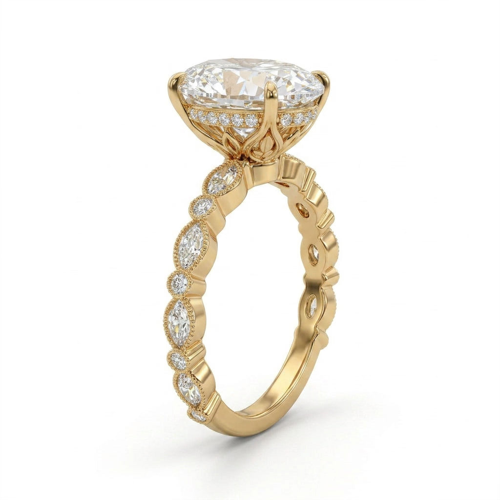 Tall Cathedral Hidden Halo Pavé Emerald Engagement Ring (5.01 ct. tw.) in 14K Yellow Gold