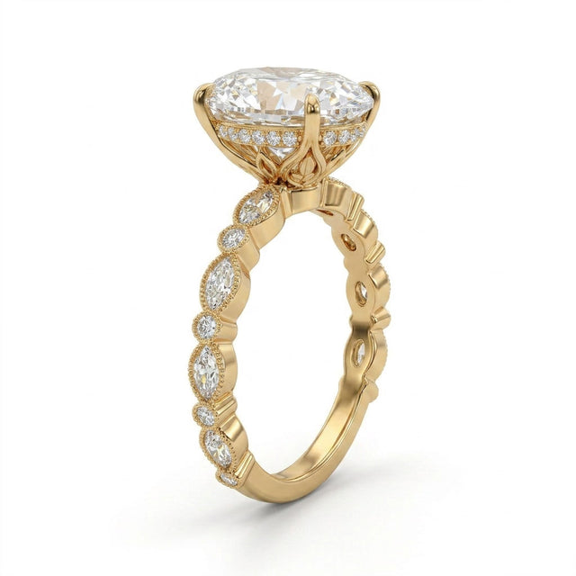 Tall Cathedral Hidden Halo Pavé Emerald Engagement Ring (5.01 ct. tw.) in 14K Yellow Gold